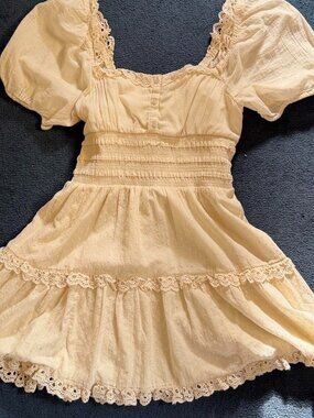 Ivory Puff Sleeve Lace Trim Smocked Waist Mini Dress Size M